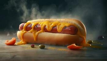 gegrild heet hond Aan bun met ketchup, een klassiek Amerikaans tussendoortje gegenereerd door ai foto