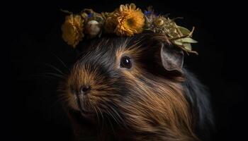 pluizig Guinea varken met bakkebaarden op zoek schattig Aan zwart achtergrond gegenereerd door ai foto