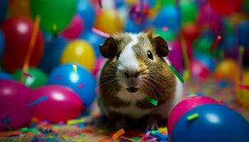 schattig klein zoogdier viert verjaardag met multi gekleurde ballonnen en confetti gegenereerd door ai foto