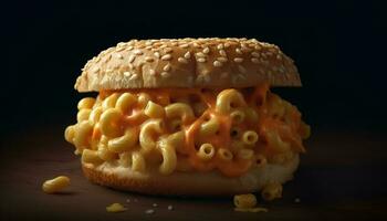 gegrild cheeseburger Aan een sesam broodje, een klassiek Amerikaans toegeeflijkheid gegenereerd door ai foto