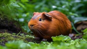 pluizig Guinea varken aan het eten gras in dichtbij omhoog portret buitenshuis gegenereerd door ai foto