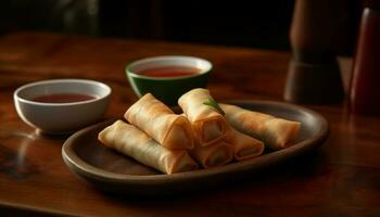 vers gekookt Chinese voorjaar broodjes Aan houten bord, klaar naar eten gegenereerd door ai foto