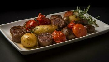 gegrild varkensvlees steak met tomaat salade, een fijnproever lunch bord gegenereerd door ai foto