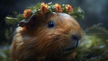 pluizig Guinea varken in groen gras, dichtbij omhoog portret met bakkebaarden gegenereerd door ai foto