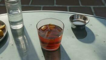 verfrissend zomer cocktail gegoten in een glas met ijs buitenshuis gegenereerd door ai foto