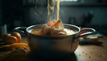 vers gekookt vegetarisch stoofpot in een rustiek houten kom Aan tafel gegenereerd door ai foto