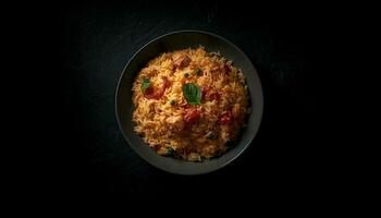 gezond maaltijd van saffraan rijst, varkensvlees, en groenten in kom gegenereerd door ai foto