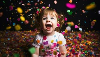 schattig kleuter geniet verjaardag partij met kleurrijk decoraties en confetti gegenereerd door ai foto