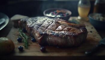 sappig entrecote steak gegrild naar perfectie Aan rustiek hout barbecue gegenereerd door ai foto