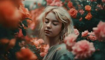 een jong vrouw, schoonheid in natuur, lachend, blond haar, buitenshuis gegenereerd door ai foto