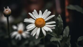 zonovergoten kamille fabriek in weide, dauw laten vallen Aan bloemblad gegenereerd door ai foto