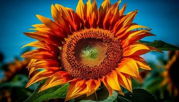 levendig zonnebloem schijnt in natuur schoonheid, een single bloem hoofd gegenereerd door ai foto