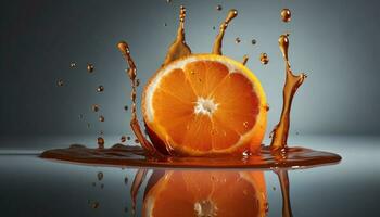sappig citrus plak spatten in golfde water, verfrissend en gezond gegenereerd door ai foto
