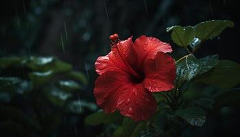 levendig hibiscus bloesem in dichtbij omhoog, versierd met regendruppels gegenereerd door ai foto