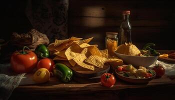 vers guacamole en tomaat salsa Aan een rustiek houten tafel gegenereerd door ai foto