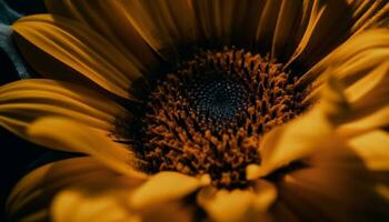 levendig geel zonnebloem bloesem, dichtbij omhoog met bij en stuifmeel gegenereerd door ai foto