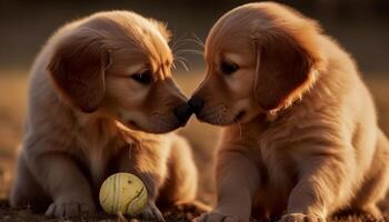 twee schattig puppy's spelen buitenshuis, een geel retriever en zijn vriend gegenereerd door ai foto