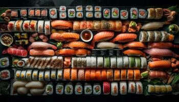 vers zeevruchten gerold omhoog in maki sushi, een fijnproever maaltijd gegenereerd door ai foto