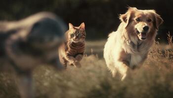 speels puppy en nieuwsgierig katje genieten zomer weide met retriever gegenereerd door ai foto