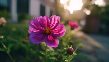 levendig gerbera madeliefje in een weide, stuifmeel aantrekken bijen gegenereerd door ai foto