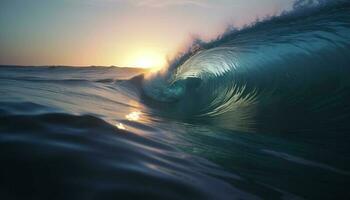 surfers rijden de crashen golven Bij ochtendgloren, een adembenemend zicht gegenereerd door ai foto