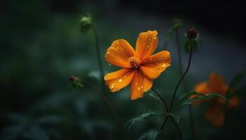 levendig wilde bloemen weide, dauw druppels Aan Purper en oranje kosmos gegenereerd door ai foto