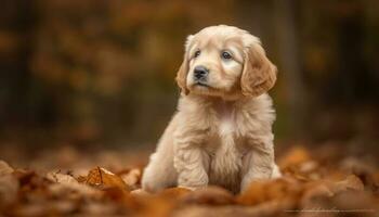 schattig puppy zittend in herfst gras, op zoek speels en pluizig gegenereerd door ai foto
