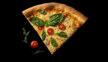vers gebakken pizza plak met Mozzarella, tomaat, en kruiden gegenereerd door ai foto