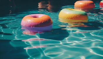 drijvend Aan water, verfrissend zomer pret met opblaasbaar donut speelgoed- gegenereerd door ai foto