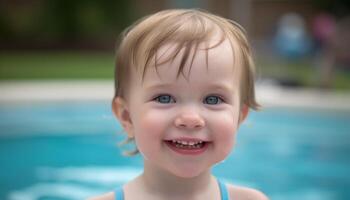 schattig Kaukasisch kleuter glimlachen in zwemmen zwembad, genieten van zorgeloos zomer gegenereerd door ai foto