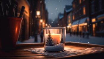 donker winter nacht, verlichte door lantaarn, drinken Aan tafel binnenshuis gegenereerd door ai foto