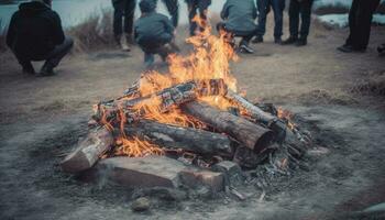 gloeiend vlammen warmte omhoog de natuurlijk kampvuur, brandend brandhout en steenkool gegenereerd door ai foto