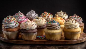 schattig eigengemaakt cupcakes met kleurrijk suikerglazuur voor verjaardag viering decoratie gegenereerd door ai foto