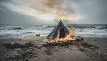 natuurlijk vlam brandend Aan zanderig strand, perfect zomer kampvuur avontuur gegenereerd door ai foto