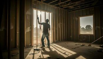 bouw arbeider staand binnenshuis, werken met werk gereedschap Aan plank gegenereerd door ai foto