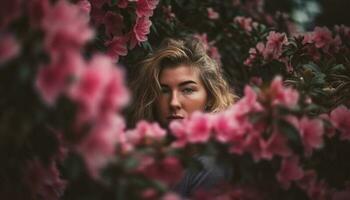 jong vrouw lachend, op zoek Bij camera, omringd door natuur schoonheid gegenereerd door ai foto