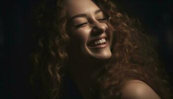 glimlachen jong vrouw met bruin haar- straalt uit sensualiteit en elegantie gegenereerd door ai foto