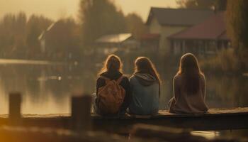 jong volwassenen genieten van een zonsondergang Aan een houten steiger samen gegenereerd door ai foto