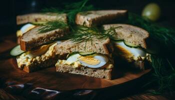 vers gegrild ciabatta belegd broodje met biologisch groenten Aan rustiek hout gegenereerd door ai foto