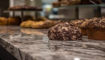 eigengemaakt gebakken goederen Aan rustiek hout tafel muffin, koekje, tussendoortje gegenereerd door ai foto