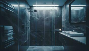 modern huiselijk badkamer ontwerp met blauw tegel, chroom kraan, en verlichte kabinet gegenereerd door ai foto