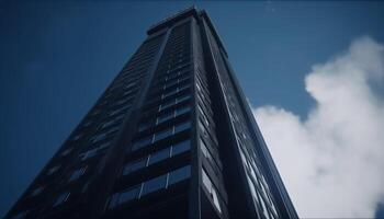 futuristische wolkenkrabber weerspiegelt blauw lucht in modern glas facade gegenereerd door ai foto