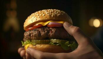 hand- Holding gegrild cheeseburger met tomaat en ui, ongezond maaltijd gegenereerd door ai foto