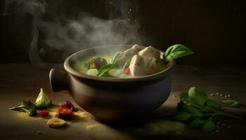 stomen heet groente soep met vers biologisch ingrediënten en kruiden gegenereerd door ai foto
