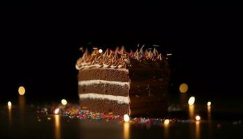 verjaardag viering met kaarslicht, brandend taart, en levendig decoraties gegenereerd door ai foto