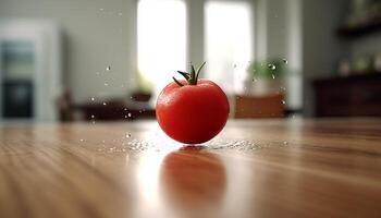 vers biologisch tomaat salade Aan houten tafel in huiselijk keuken gegenereerd door ai foto