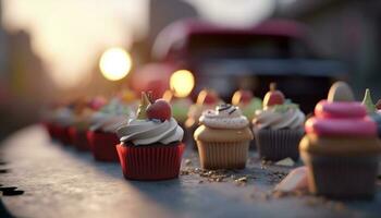 schattig eigengemaakt cupcakes met multi gekleurde suikerglazuur voor verjaardag viering gegenereerd door ai foto