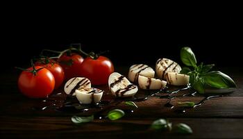 vers biologisch tomaat salade, een fijnproever vegetarisch voorafje Aan hout tafel gegenereerd door ai foto