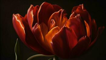 levendig tulp bloesem, single bloem, dichtbij omhoog Aan geel bloemblad gegenereerd door ai foto