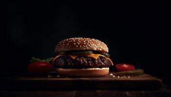 gegrild rundvlees hamburger met kaas, tomaat, ui Aan rustiek bun gegenereerd door ai foto